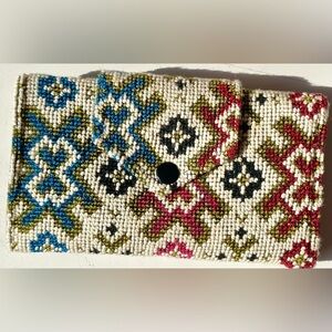Vintage Creative House Aztec Beaded Tapestry Trifold Wallet | 1960s | Southwest